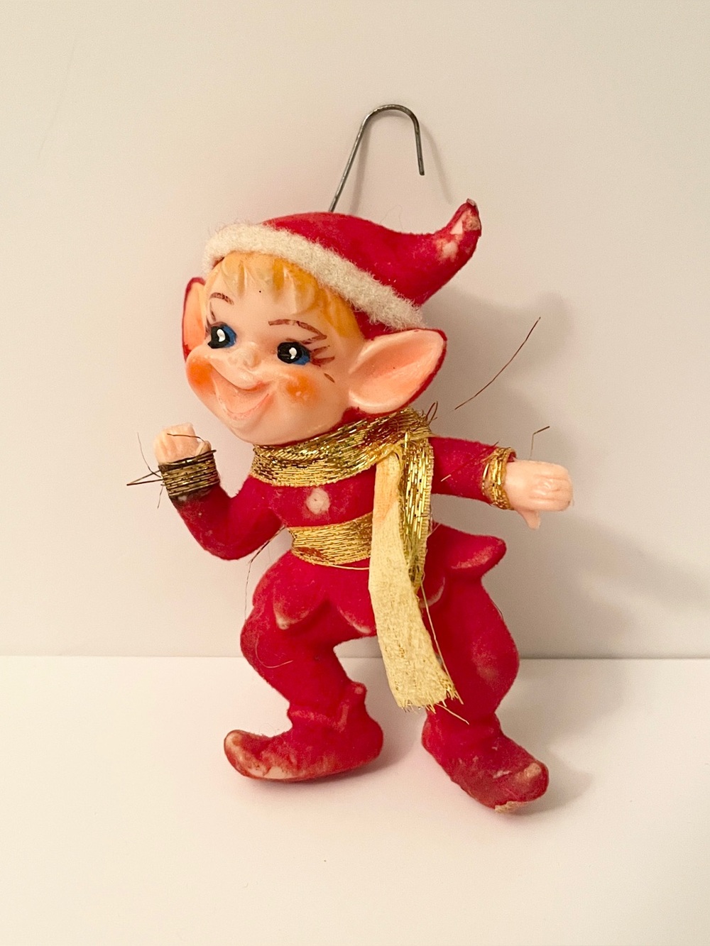 VTG 1950s Flocked Pixie Elf Christmas Ornament Plastic Face Gold Tinsel